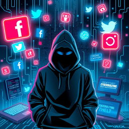A visually striking illustration representing the concept of social media crime, featuring a futuristic digital landscape with floating social media icons like Facebook, Twitter, and Instagram