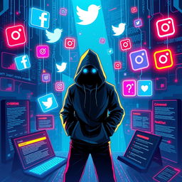 A visually striking illustration representing the concept of social media crime, featuring a futuristic digital landscape with floating social media icons like Facebook, Twitter, and Instagram