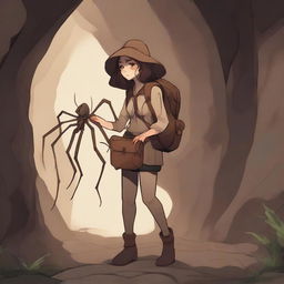 A high-quality digital art image showcasing an arachnid girl traveler and gatherer, with four spider legs, in a cave