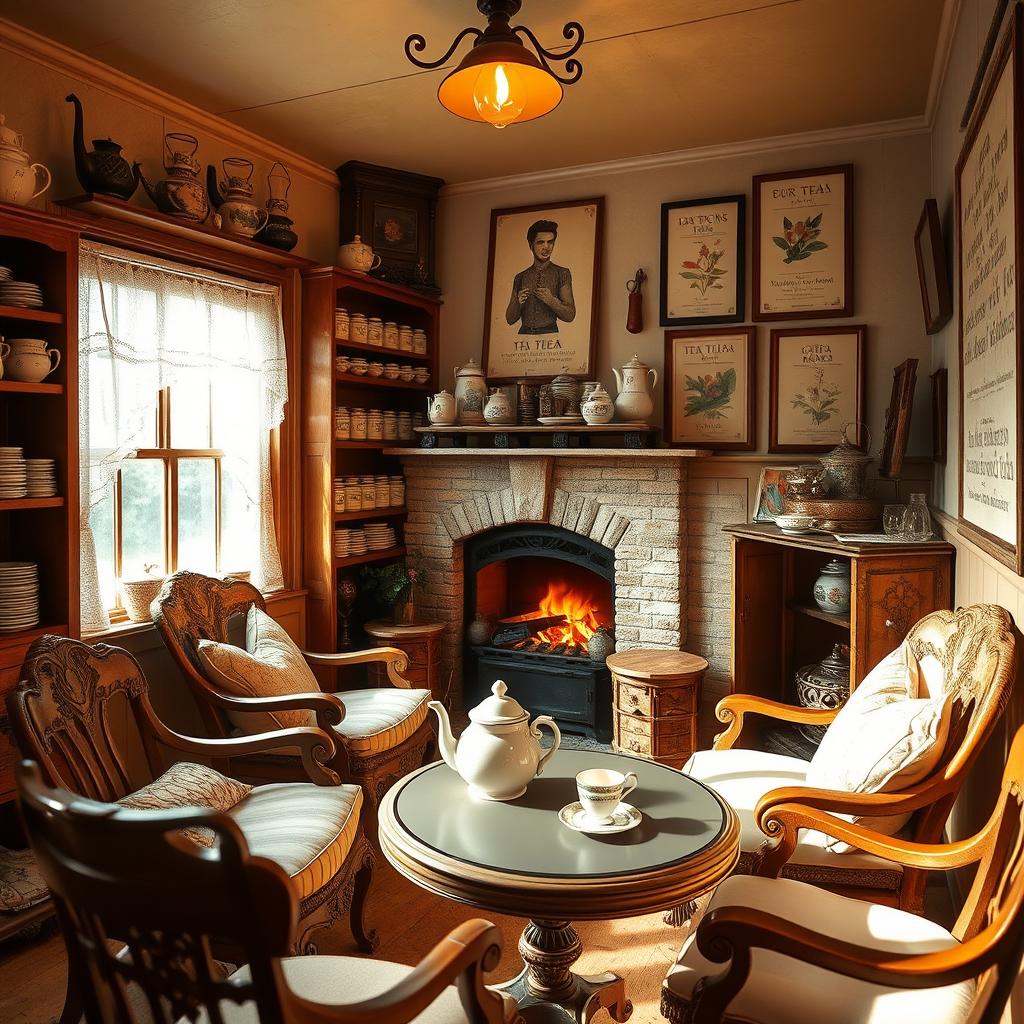 A vintage cozy tea shop interior, warm and inviting ambiance, featuring rustic wooden furniture, ornate teapots, and shelves filled with various types of tea and tea accessories