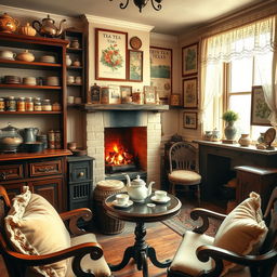 A vintage cozy tea shop interior, warm and inviting ambiance, featuring rustic wooden furniture, ornate teapots, and shelves filled with various types of tea and tea accessories