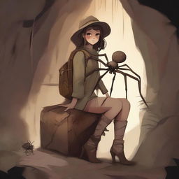 A high-quality digital art image showcasing an arachnid girl traveler and gatherer, with four spider legs, in a cave