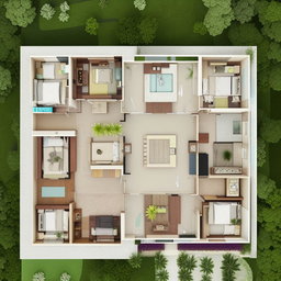 A 9mx15m ground house plan in an L shape, consisting of one living room, four bedrooms and two bathrooms.