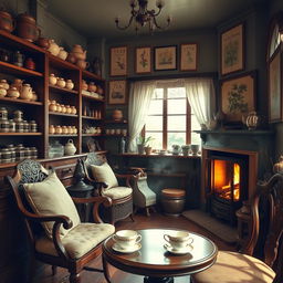 A vintage cozy tea shop interior, warm and inviting ambiance, featuring rustic wooden furniture, ornate teapots, and shelves filled with various types of tea and tea accessories