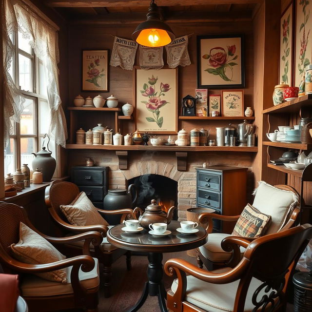 A vintage cozy tea shop interior, warm and inviting ambiance, featuring rustic wooden furniture, ornate teapots, and shelves filled with various types of tea and tea accessories