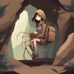 A high-quality digital art piece featuring an arachnid girl teratect, a traveler and gatherer with four spider legs, situated in a cave