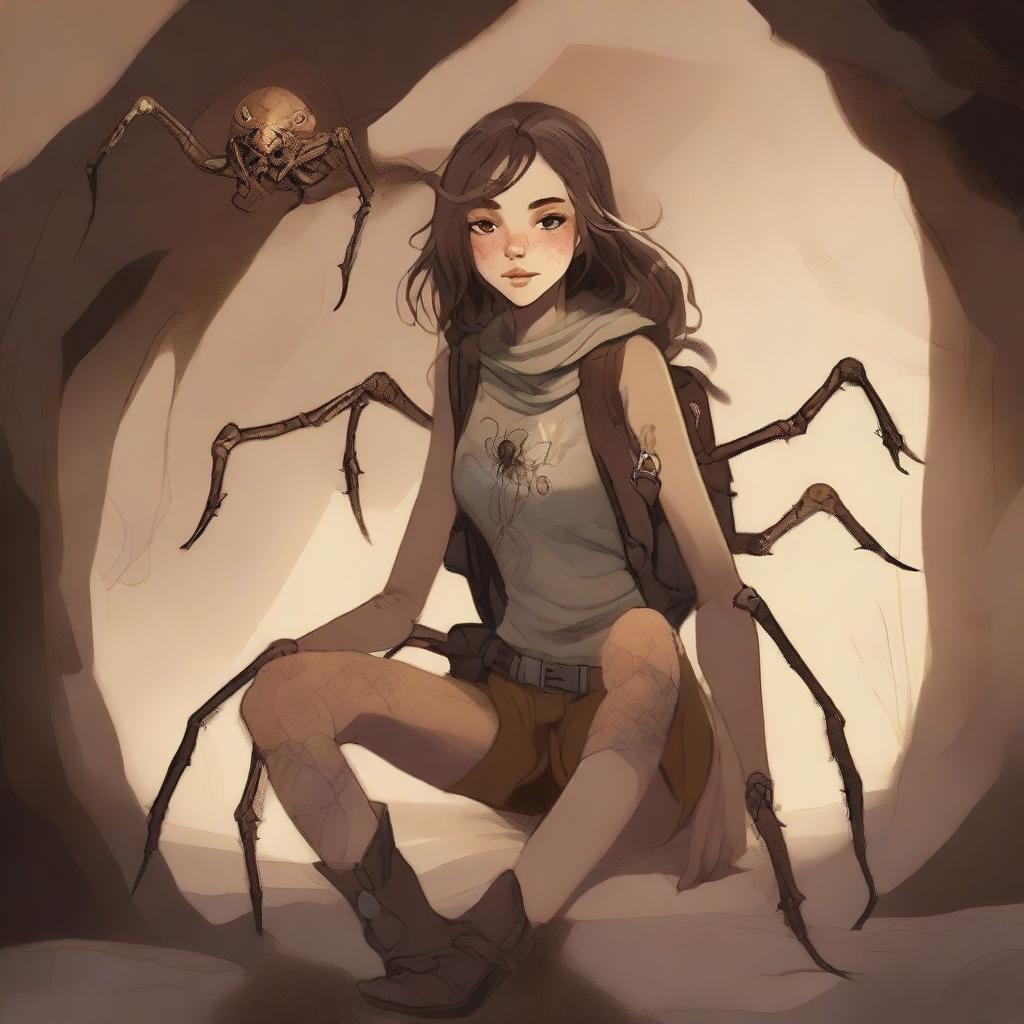 A high-quality digital art piece featuring an arachnid girl teratect, a traveler and gatherer with four spider legs, situated in a cave