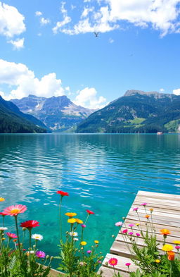 A serene lake surrounded by majestic mountains, lush green forests, and a clear blue sky with fluffy white clouds
