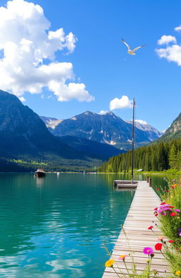 A serene lake surrounded by majestic mountains, lush green forests, and a clear blue sky with fluffy white clouds