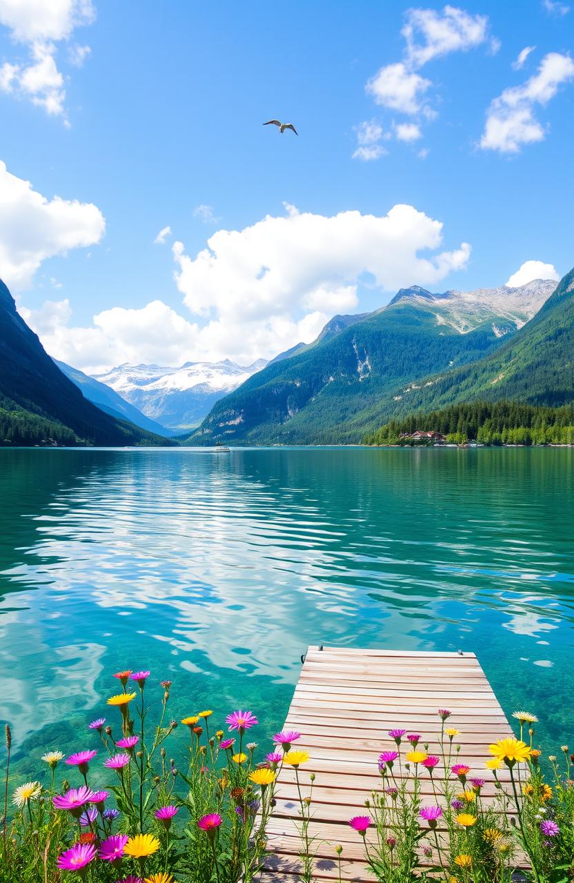 A serene lake surrounded by majestic mountains, lush green forests, and a clear blue sky with fluffy white clouds