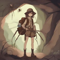 A high-quality digital art piece featuring an arachnid girl teratect, a traveler and gatherer with four spider legs, situated in a cave