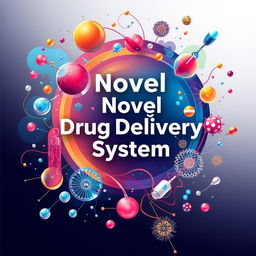 A visually striking cover page design featuring a novel drug delivery system, showcasing creative and imaginative illustrations of different drug delivery methods such as nanoparticles, liposomes, and microneedles