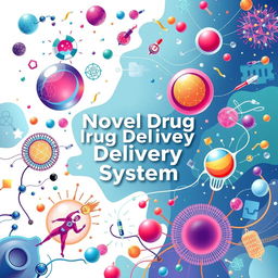 A visually striking cover page design featuring a novel drug delivery system, showcasing creative and imaginative illustrations of different drug delivery methods such as nanoparticles, liposomes, and microneedles