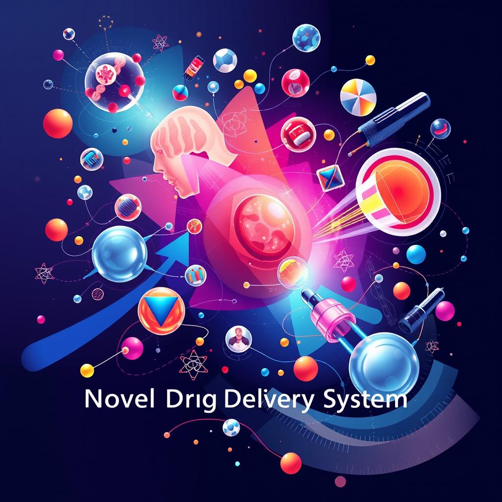 A visually striking cover page design featuring a novel drug delivery system, showcasing creative and imaginative illustrations of different drug delivery methods such as nanoparticles, liposomes, and microneedles