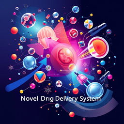 A visually striking cover page design featuring a novel drug delivery system, showcasing creative and imaginative illustrations of different drug delivery methods such as nanoparticles, liposomes, and microneedles