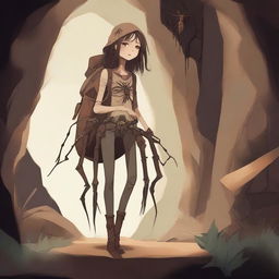 A high-quality digital art piece featuring an arachnid girl teratect, a traveler and gatherer with four spider legs, situated in a cave