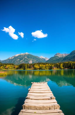A serene landscape featuring a lush green lake surrounded by majestic mountains under a clear blue sky