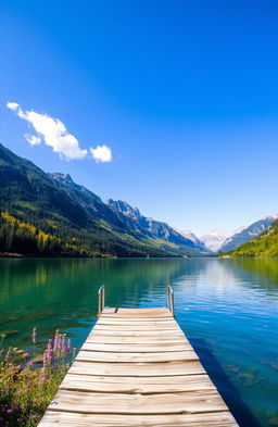 A serene landscape featuring a lush green lake surrounded by majestic mountains under a clear blue sky