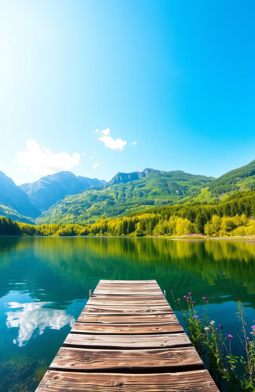 A serene landscape featuring a lush green lake surrounded by majestic mountains under a clear blue sky