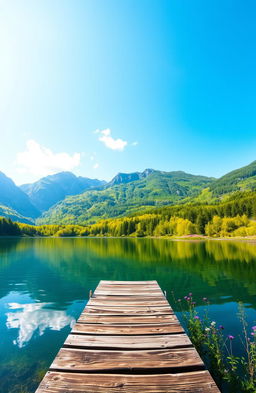 A serene landscape featuring a lush green lake surrounded by majestic mountains under a clear blue sky