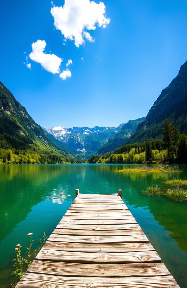 A serene landscape featuring a lush green lake surrounded by majestic mountains under a clear blue sky