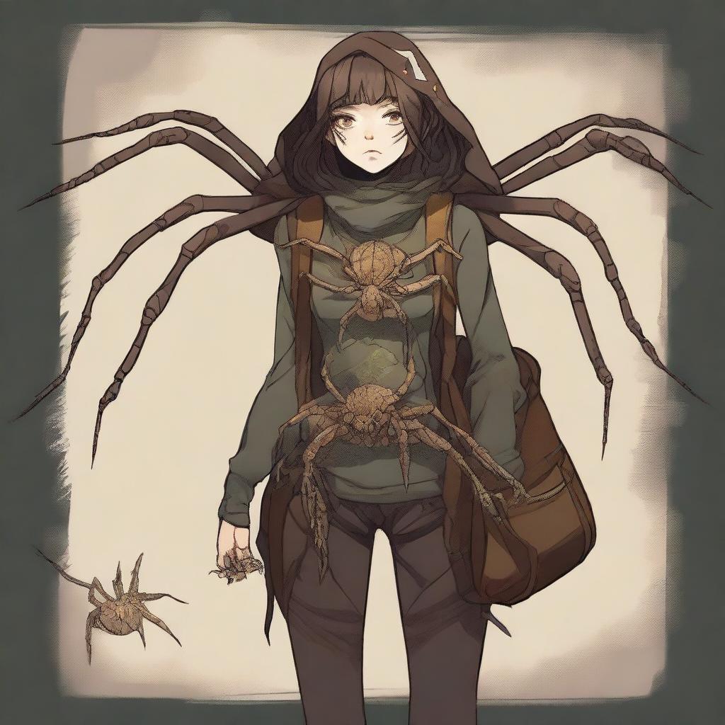 A high-quality digital art piece featuring an arachnid girl teratect, a traveler and gatherer with four spider legs, situated in a large, dark room