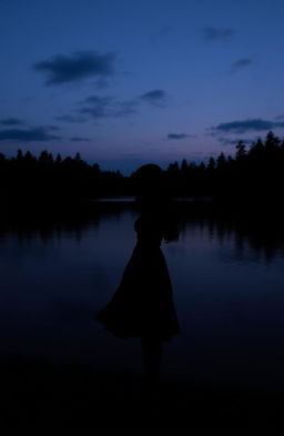 A serene lake at dusk, with a dark, mysterious atmosphere