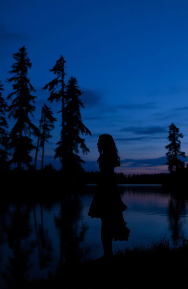 A serene lake at dusk, with a dark, mysterious atmosphere