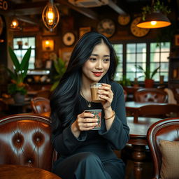 A stunning Chinese woman enjoying a warm beverage in a vintage coffee shop interior in Kulon Progo, Yogyakarta