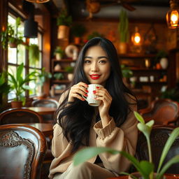 A stunning Chinese woman enjoying a warm beverage in a vintage coffee shop interior in Kulon Progo, Yogyakarta
