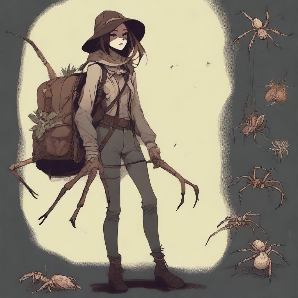 A high-quality digital art piece featuring an arachnid girl teratect, a traveler and gatherer with four spider legs, situated in a large, dark room