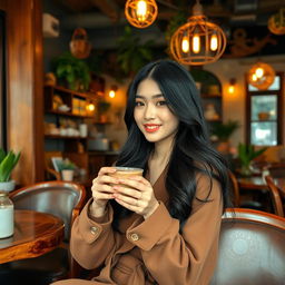 A stunning Chinese woman enjoying a warm beverage in a vintage coffee shop interior in Kulon Progo, Yogyakarta