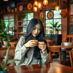 A stunning Chinese woman enjoying a warm beverage in a vintage coffee shop interior in Kulon Progo, Yogyakarta