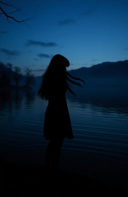 A dark, mysterious lake at twilight, with soft ripples reflecting the evening sky
