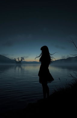 A dark, mysterious lake at twilight, with soft ripples reflecting the evening sky