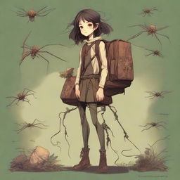 A high-quality digital art piece featuring an arachnid girl teratect, a traveler and gatherer with four spider legs, situated in a large, dark room