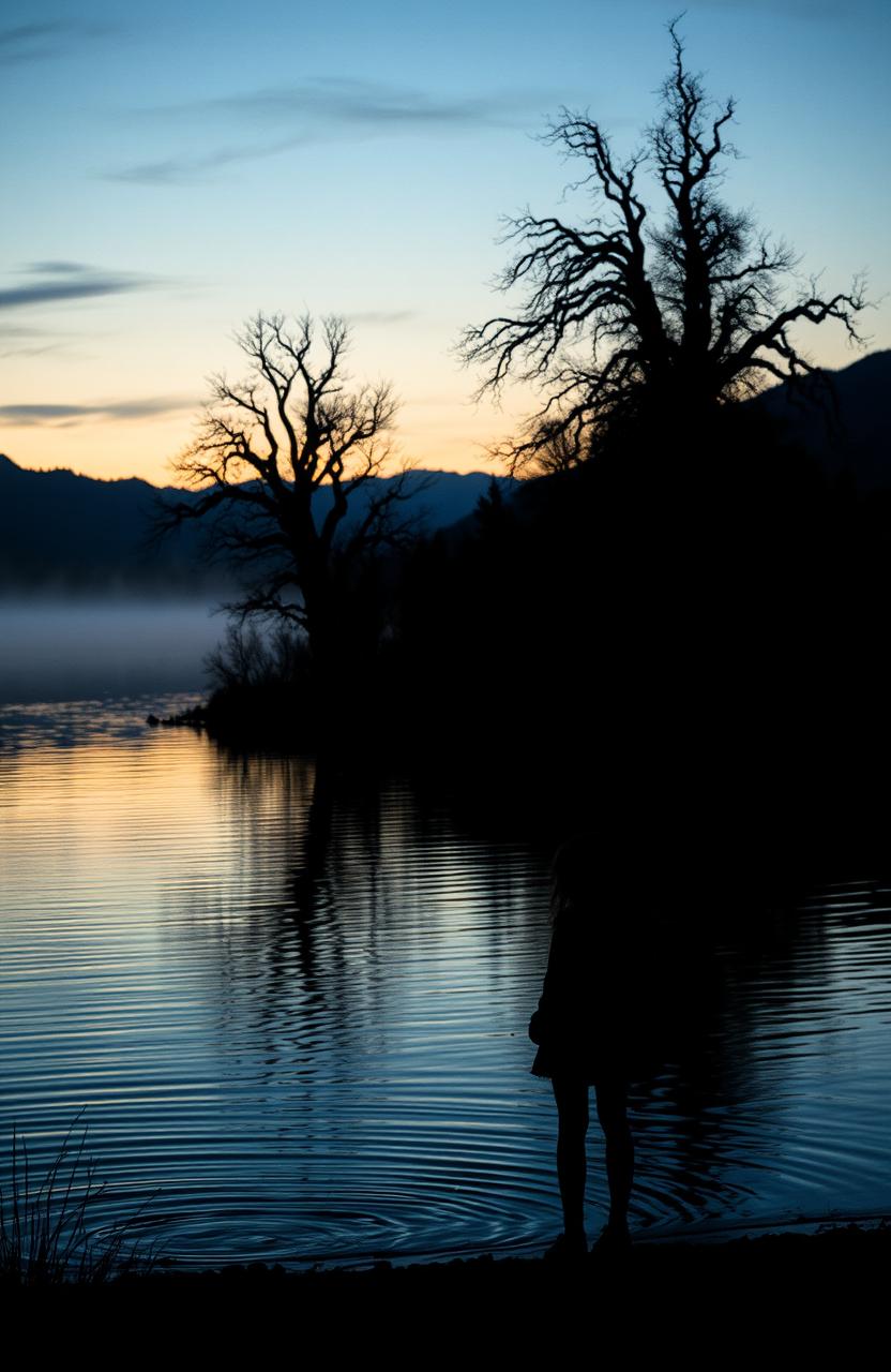 A dark, mysterious lake at twilight, with soft ripples reflecting the evening sky