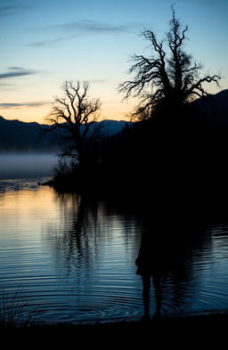 A dark, mysterious lake at twilight, with soft ripples reflecting the evening sky