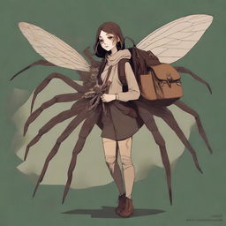 A high-quality digital art piece featuring an arachnid girl teratect, a traveler and gatherer with four spider legs, situated in a large, dark room