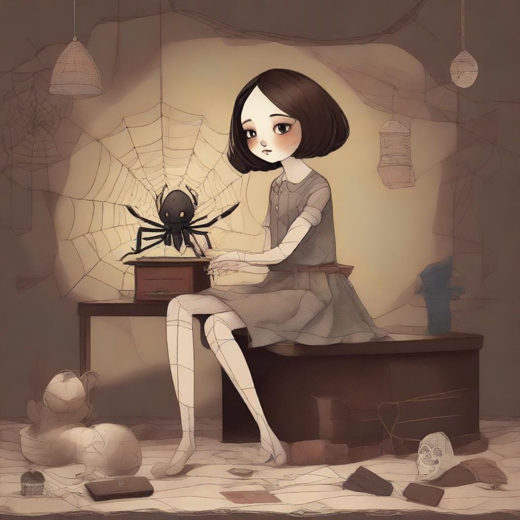 A high-quality digital art piece featuring a spider-like girl teratect, a traveler and collector with four spider legs, situated in a large, dark room