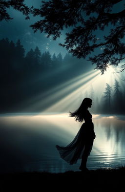 A serene magical lake surrounded by dark, dense forest, with soft sunlight filtering through the trees, creating a mystical atmosphere