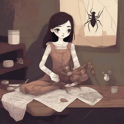 A high-quality digital art piece featuring a spider-like girl teratect, a traveler and collector with four spider legs, situated in a large, dark room