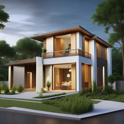 A 9mx15m ground house plan in an L shape, consisting of one living room, four bedrooms and two bathrooms.