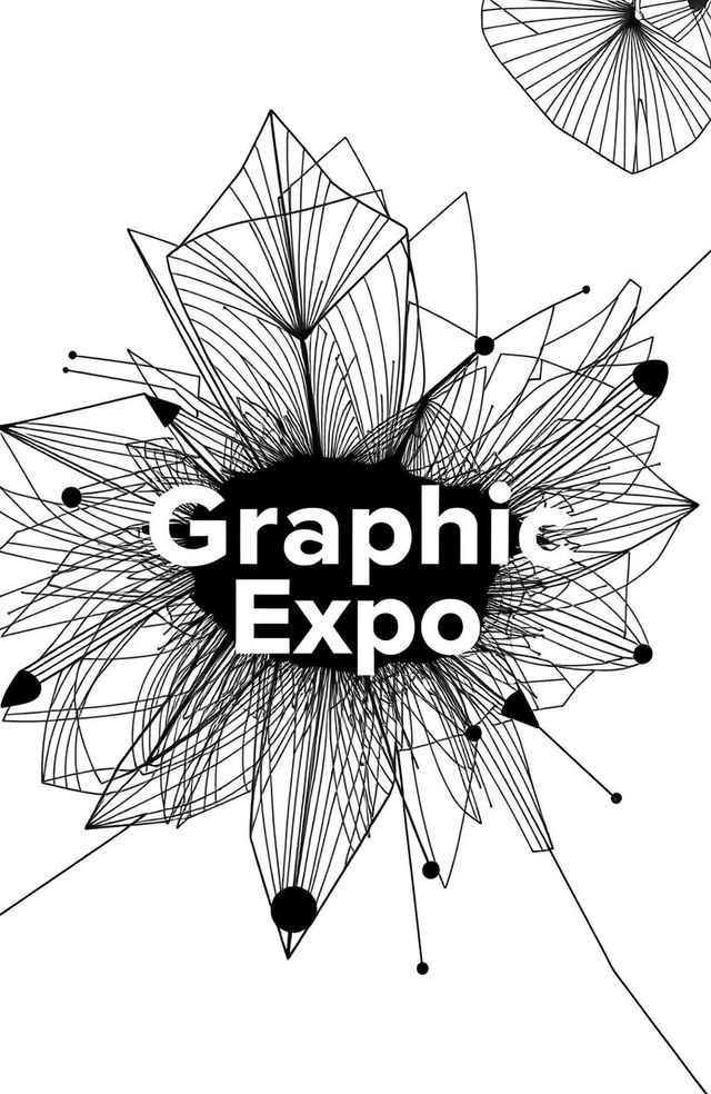 A square black and white album cover for an art exhibition titled 'Graphic Expo'