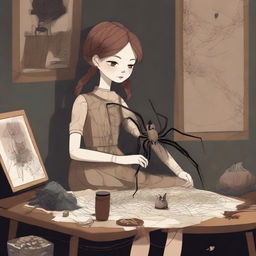 A high-quality digital art piece featuring a spider-like girl teratect, a traveler and collector with four spider legs, situated in a large, dark room