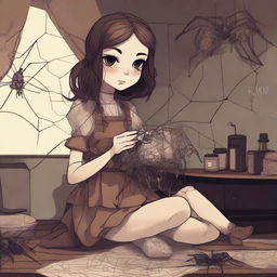 A high-quality digital art piece featuring a 26-year-old arachnid girl teratect, a traveler and collector with four spider legs, situated in a large, dark room