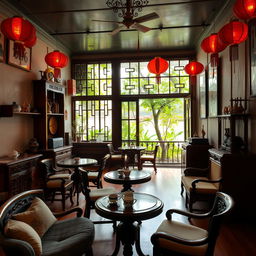 A charming vintage Chinese coffee shop interior located in Kulon Progo, Yogyakarta