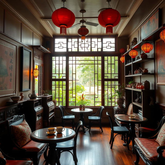 A charming vintage Chinese coffee shop interior located in Kulon Progo, Yogyakarta