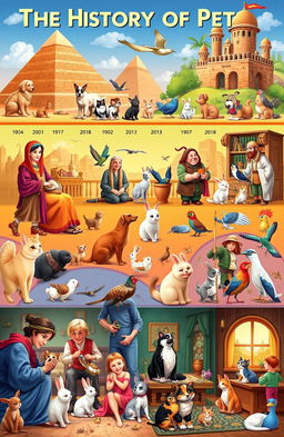 A vivid and engaging visual representation of the history of pets, showcasing various pets throughout different eras