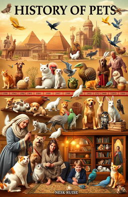 A vivid and engaging visual representation of the history of pets, showcasing various pets throughout different eras